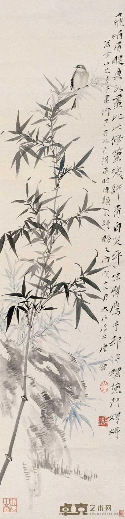 唐云 1946年作 竹雀图 立轴 107×26cm